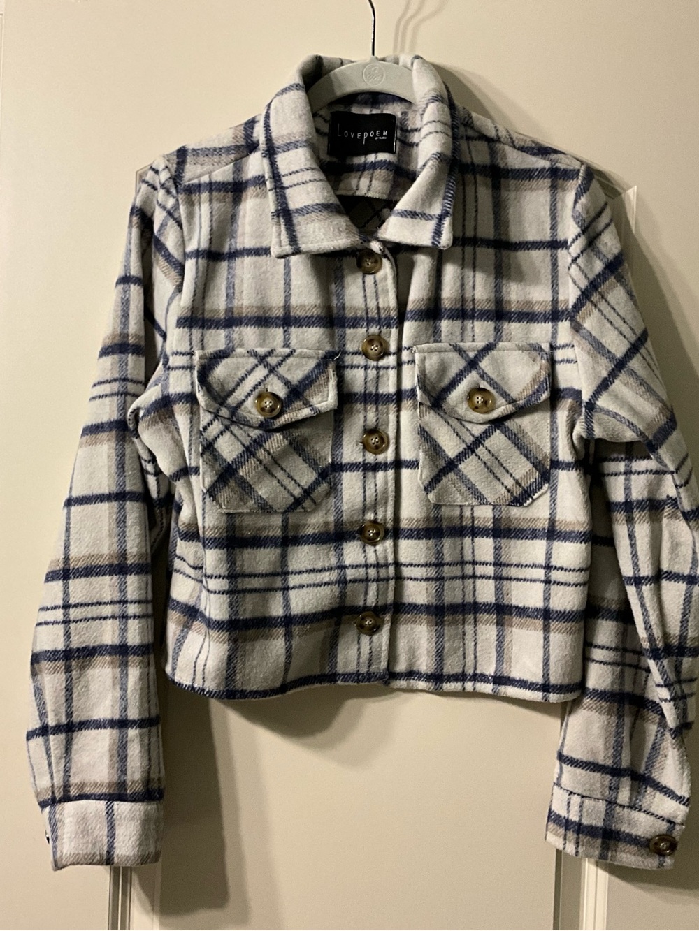 Love Poem Cream & Navy Plaid Button-Front Shacket